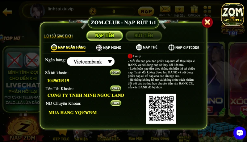 Giao dịch đơn giản cùng ví điện tử Momo ở Zomclub